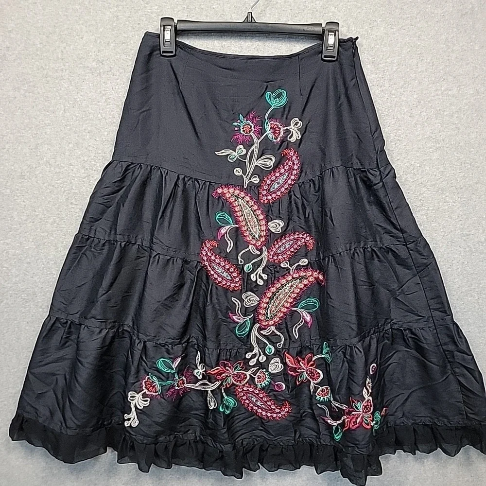 CAROLE LITTLE Silk Midi Skirt Black Embroidered Beaded Tiered Ruffle Size 6 Boho
